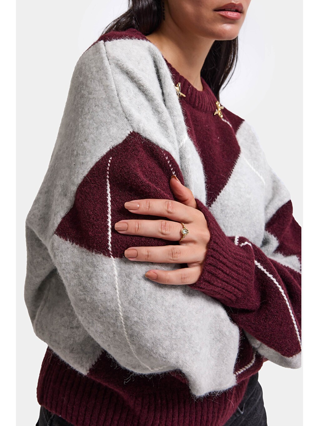 Kadın Bordo Gri W6-35 Oversize Baklava Desenli Aksesuar Detaylı Tasarım Triko Kazak-5