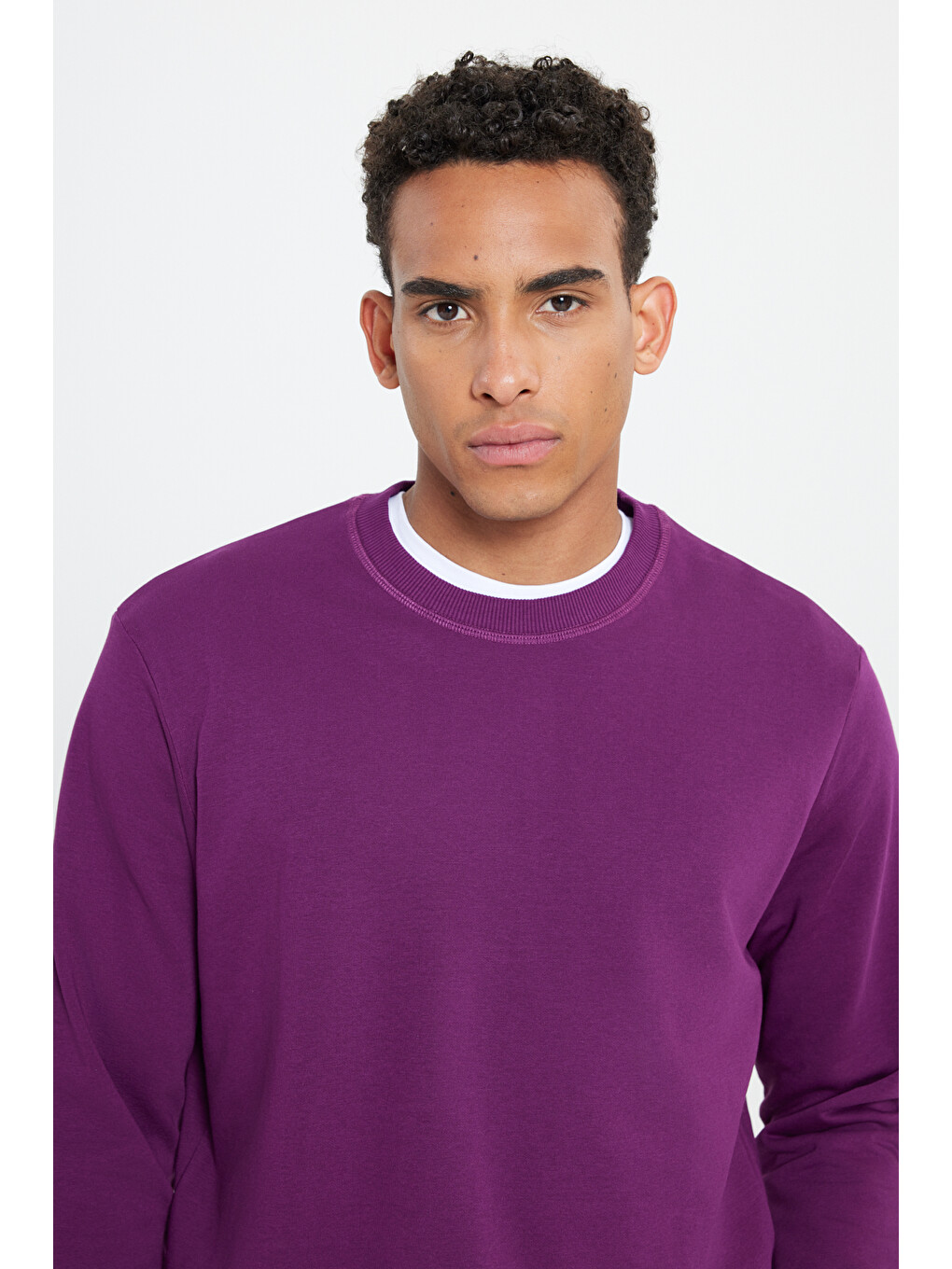 Erkek Koyu Mor Standart Fit Normal Kesim Bisiklet Yaka Pamuklu Sweatshirt-3