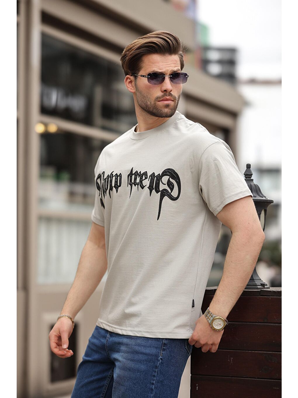 Boyalı Gri Baskılı %100 Pamuk Erkek T-Shirt E7141