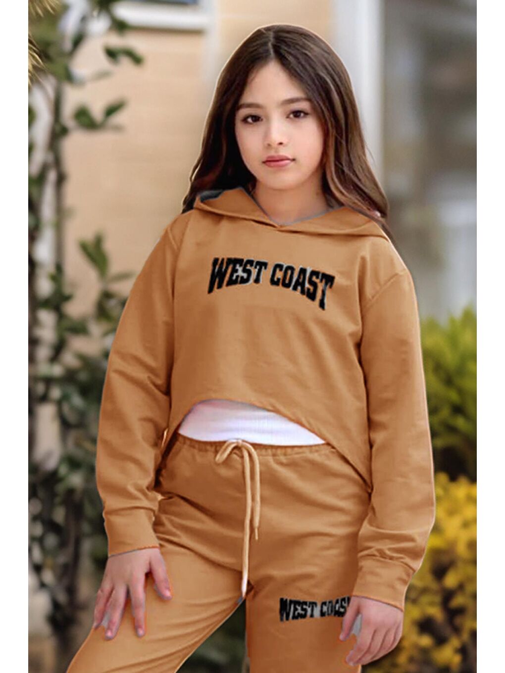 Kız Çocuk Kolsuz Bluz West Coast Baskı Kapüşonlu Crop Kaşkorse 3'lü Kahverengi Eşofman Takım-3