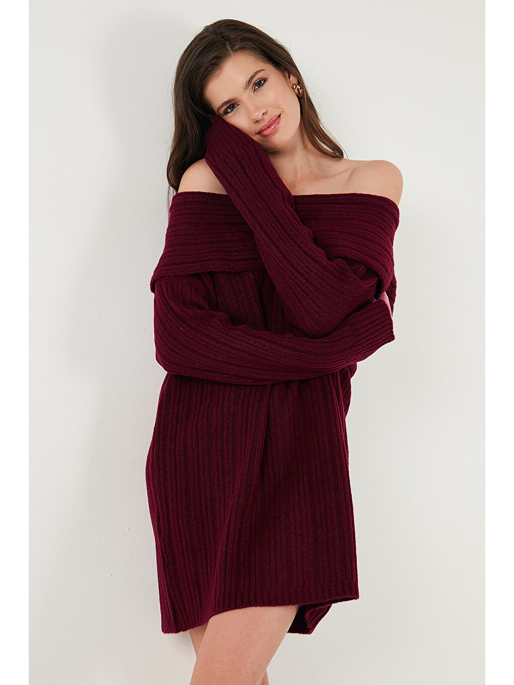 Bordo Oversize Fit Kayık Yaka Uzun Kollu Mini Triko Kadın Elbise 4615218-4