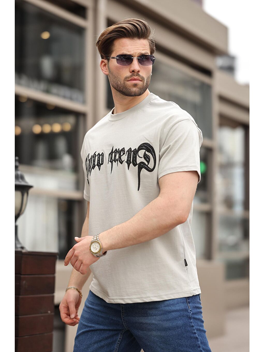 Boyalı Gri Baskılı %100 Pamuk Erkek T-Shirt E7141-1