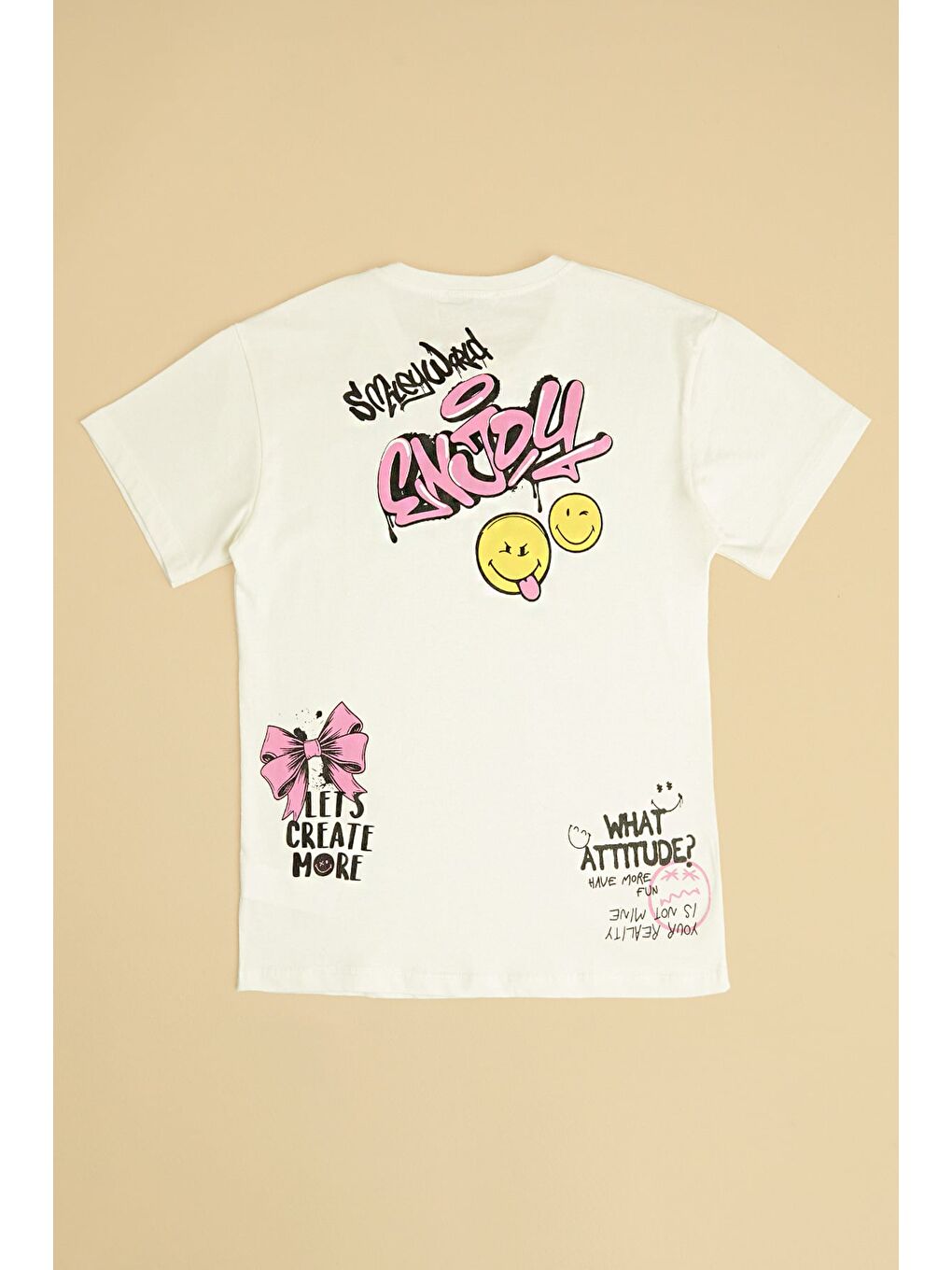 Ekru Enjoy Yazı Baskılı Kız Çocuk Tişört-1