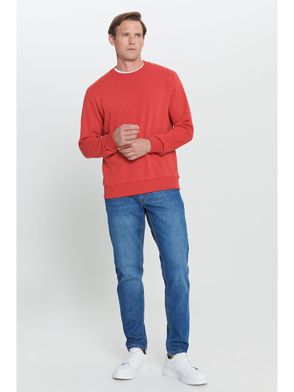 Erkek Kırmızı Standart Fit Normal Kesim Bisiklet Yaka Pamuklu Sweatshirt-1
