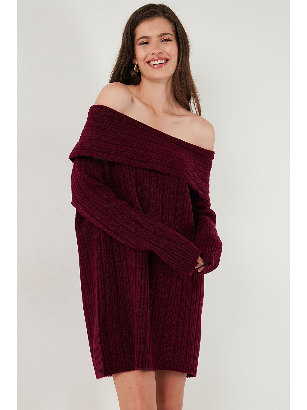 Bordo Oversize Fit Kayık Yaka Uzun Kollu Mini Triko Kadın Elbise 4615218-5