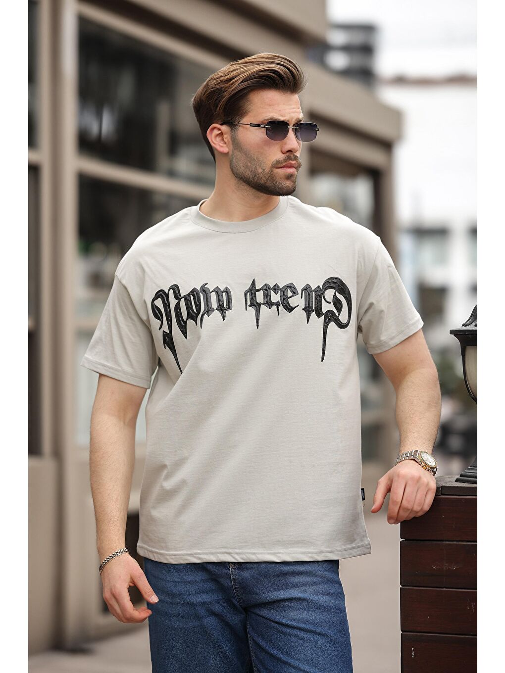 Boyalı Gri Baskılı %100 Pamuk Erkek T-Shirt E7141-2