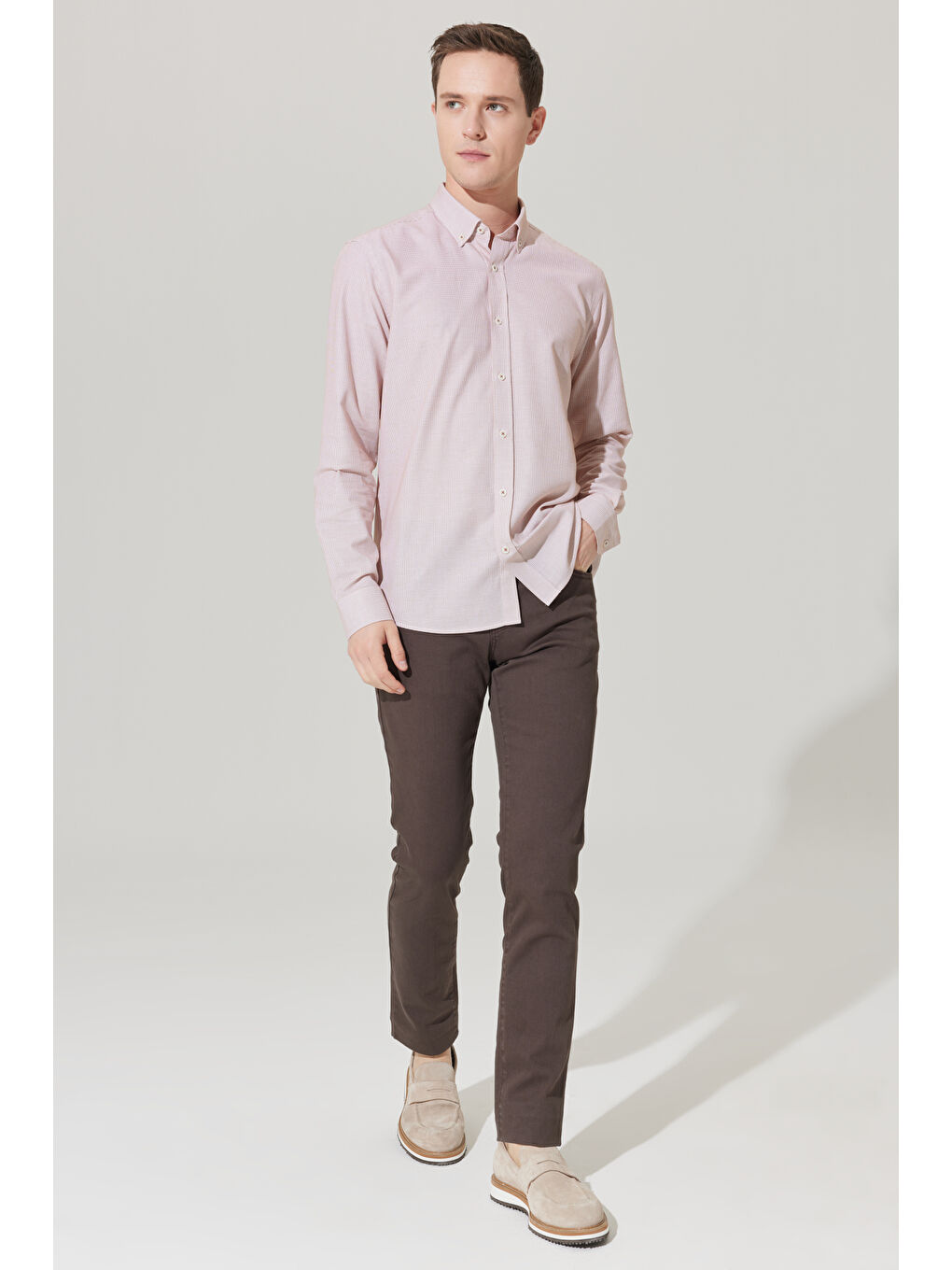 Erkek Beyaz-Kiremit Slim Fit Dar Kesim Düğmeli Yaka Armürlü Gömlek-1