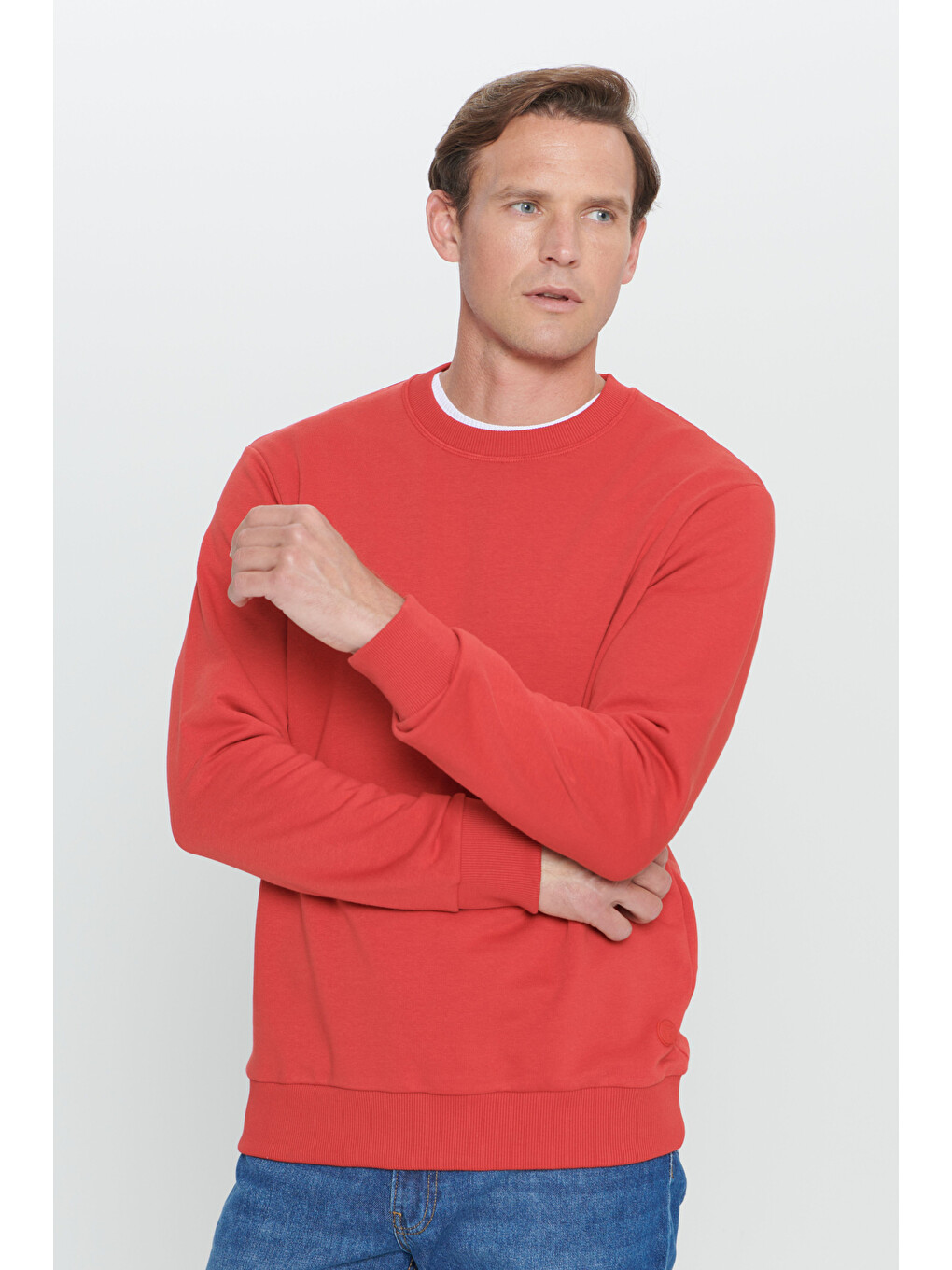 Erkek Kırmızı Standart Fit Normal Kesim Bisiklet Yaka Pamuklu Sweatshirt-2