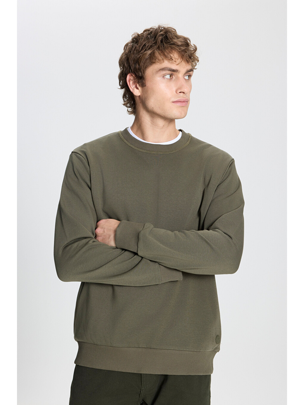 Erkek Haki Standart Fit Normal Kesim Bisiklet Yaka Pamuklu Sweatshirt-3