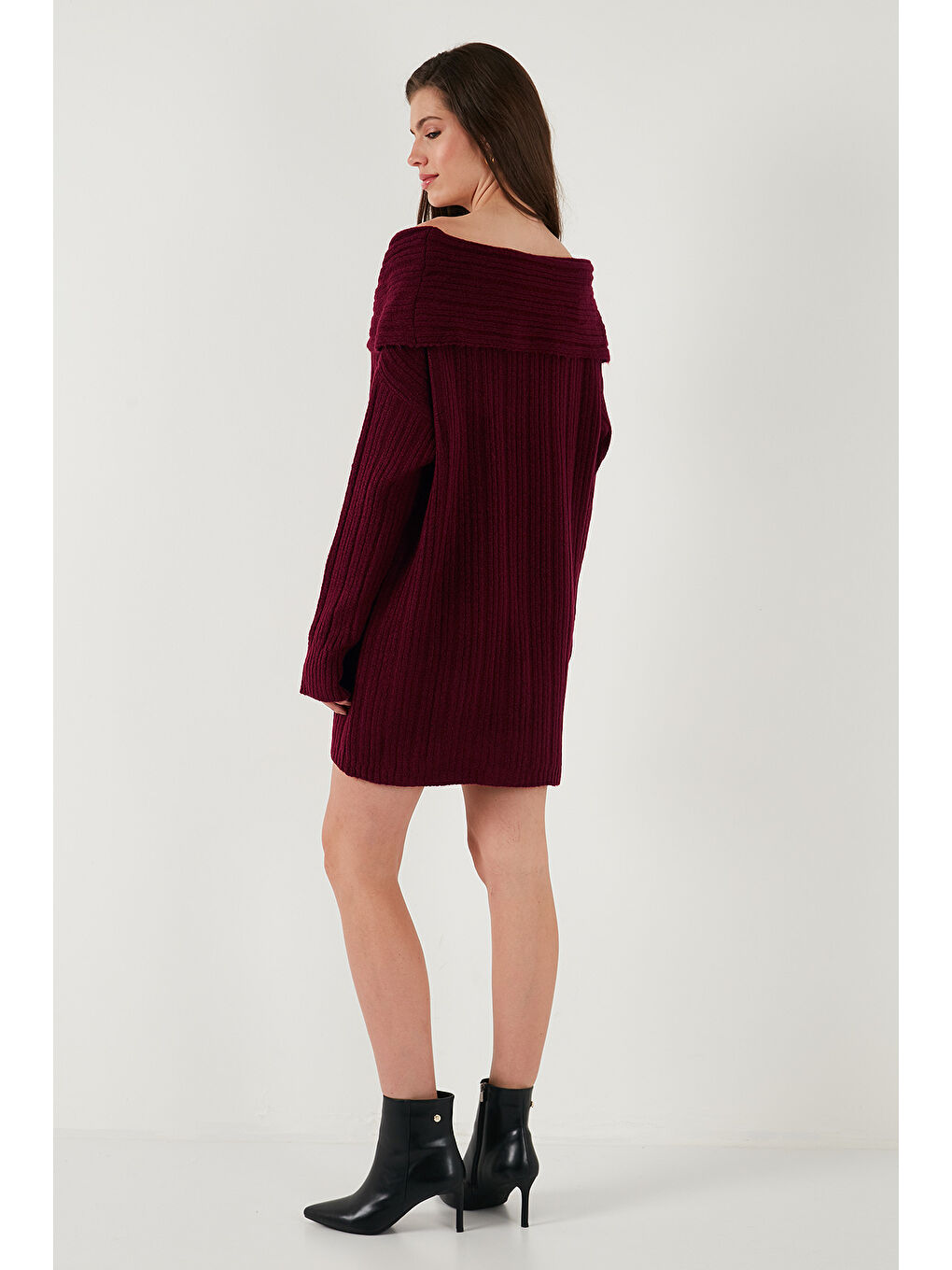 Bordo Oversize Fit Kayık Yaka Uzun Kollu Mini Triko Kadın Elbise 4615218-6