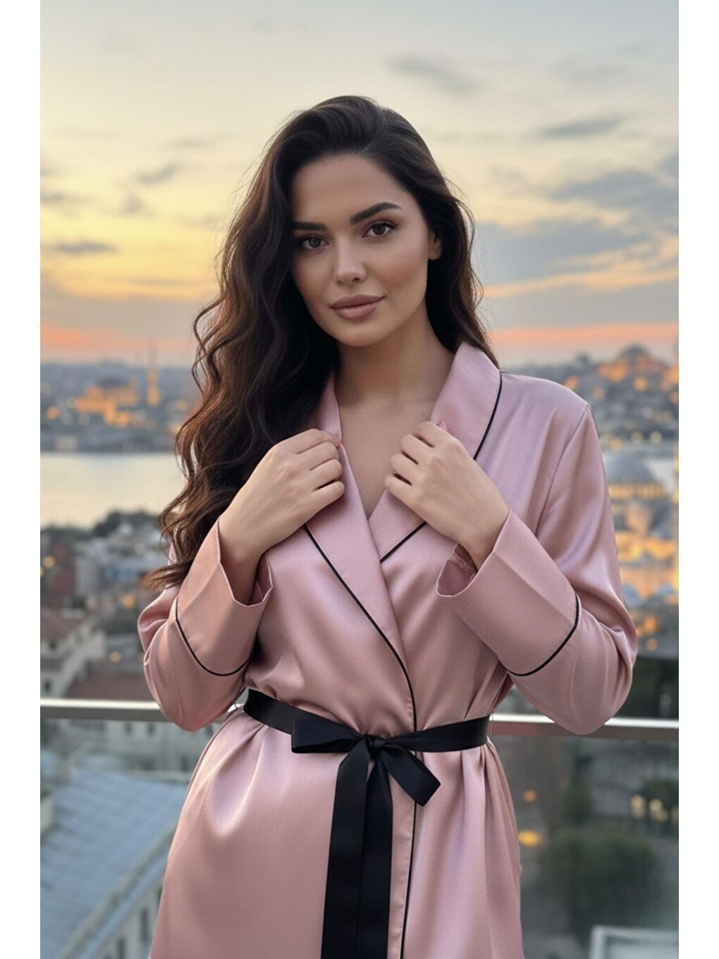 Pembe Rose Gold Soft Glow Şal Yaka Uzun Kol Saten Pijama Takımı-2