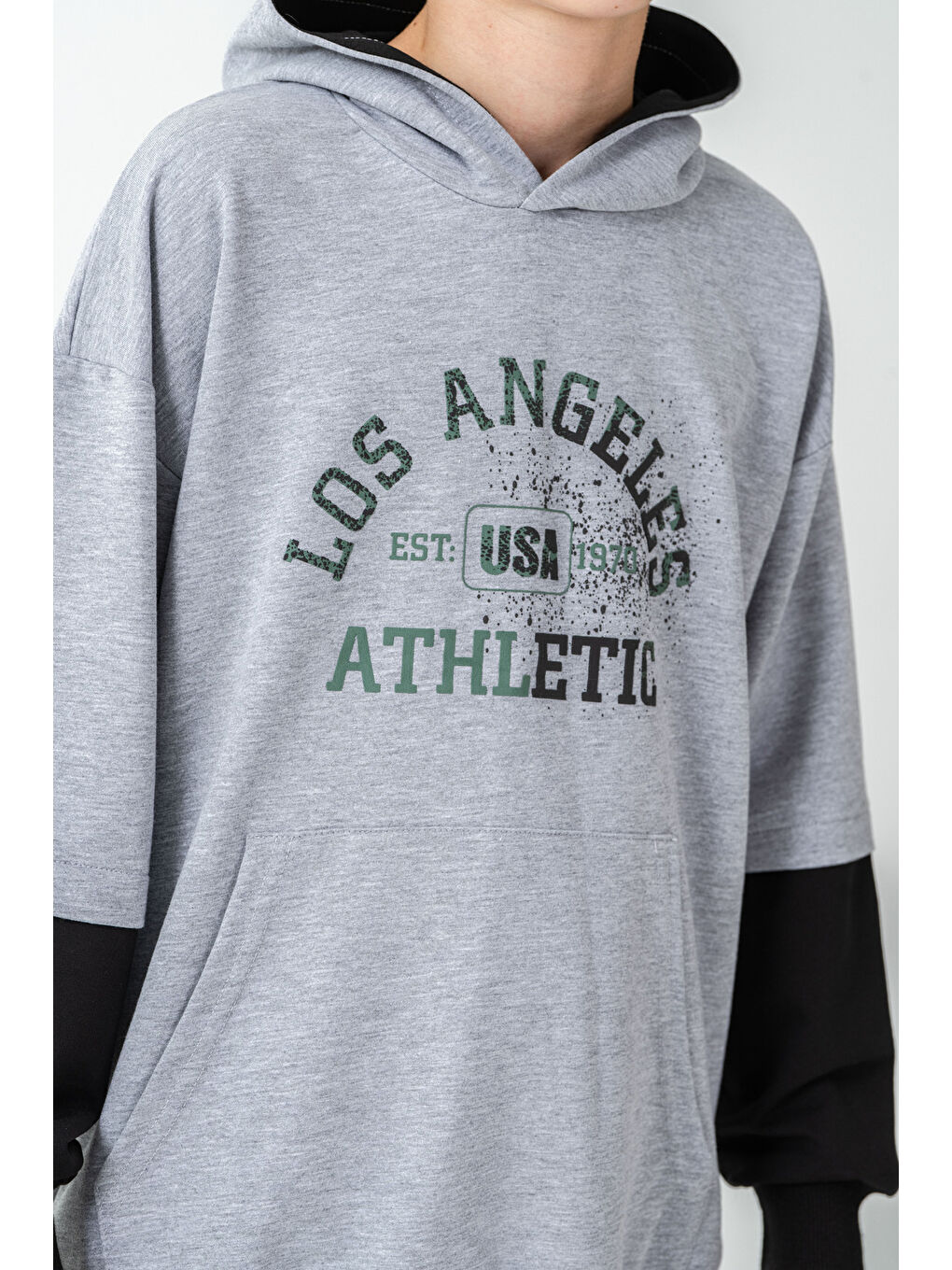 Gri Los Angels Athletic Baskılı Kapüşonlu Kanguru Cepli Erkek Çocuk Alt Üst Eşofman Takımı