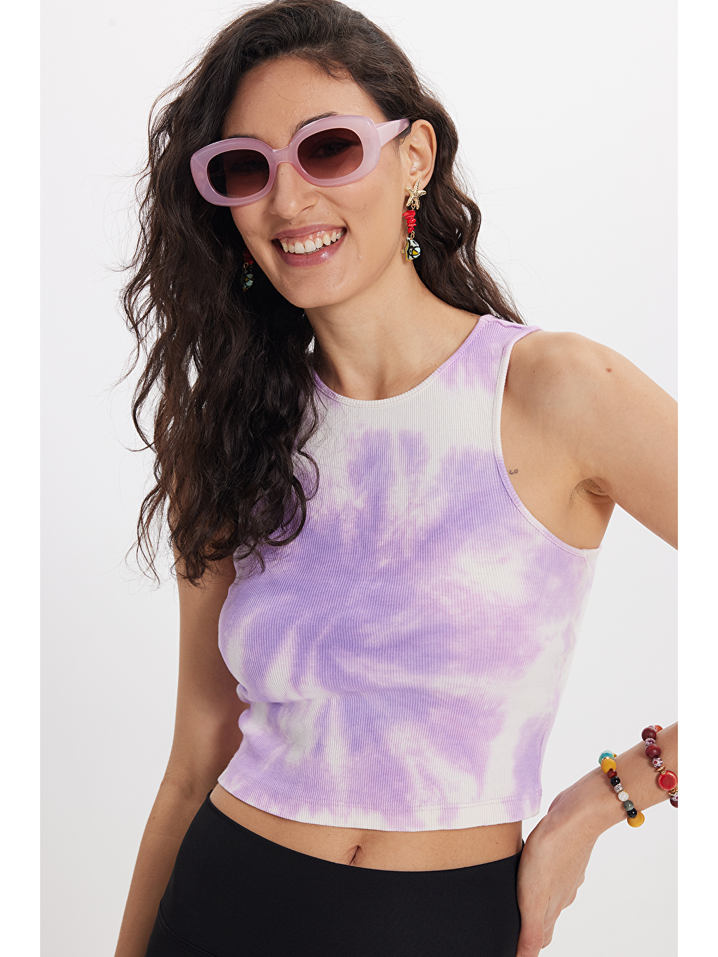 Kadın Slim Fit Dar Kesim %100 Pamuk Kolsuz Askılı Bisiklet Yaka Baskılı Pembe Crop-6