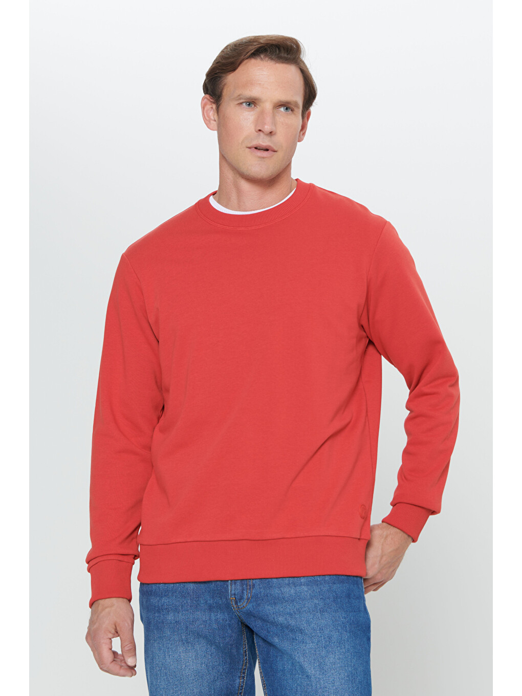 Erkek Kırmızı Standart Fit Normal Kesim Bisiklet Yaka Pamuklu Sweatshirt-3