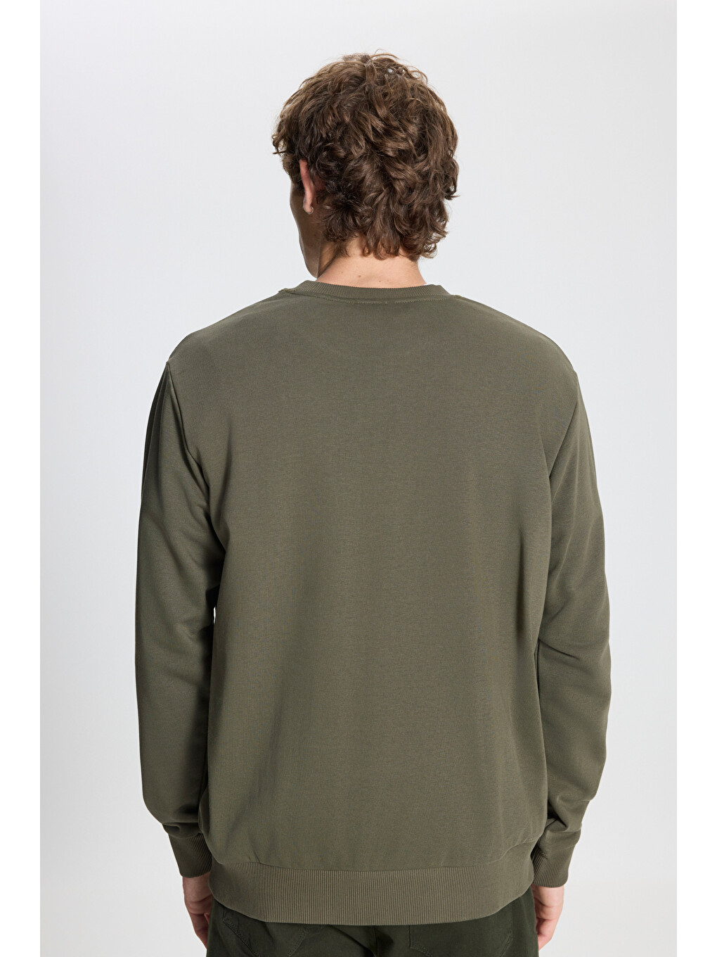 Erkek Haki Standart Fit Normal Kesim Bisiklet Yaka Pamuklu Sweatshirt-4