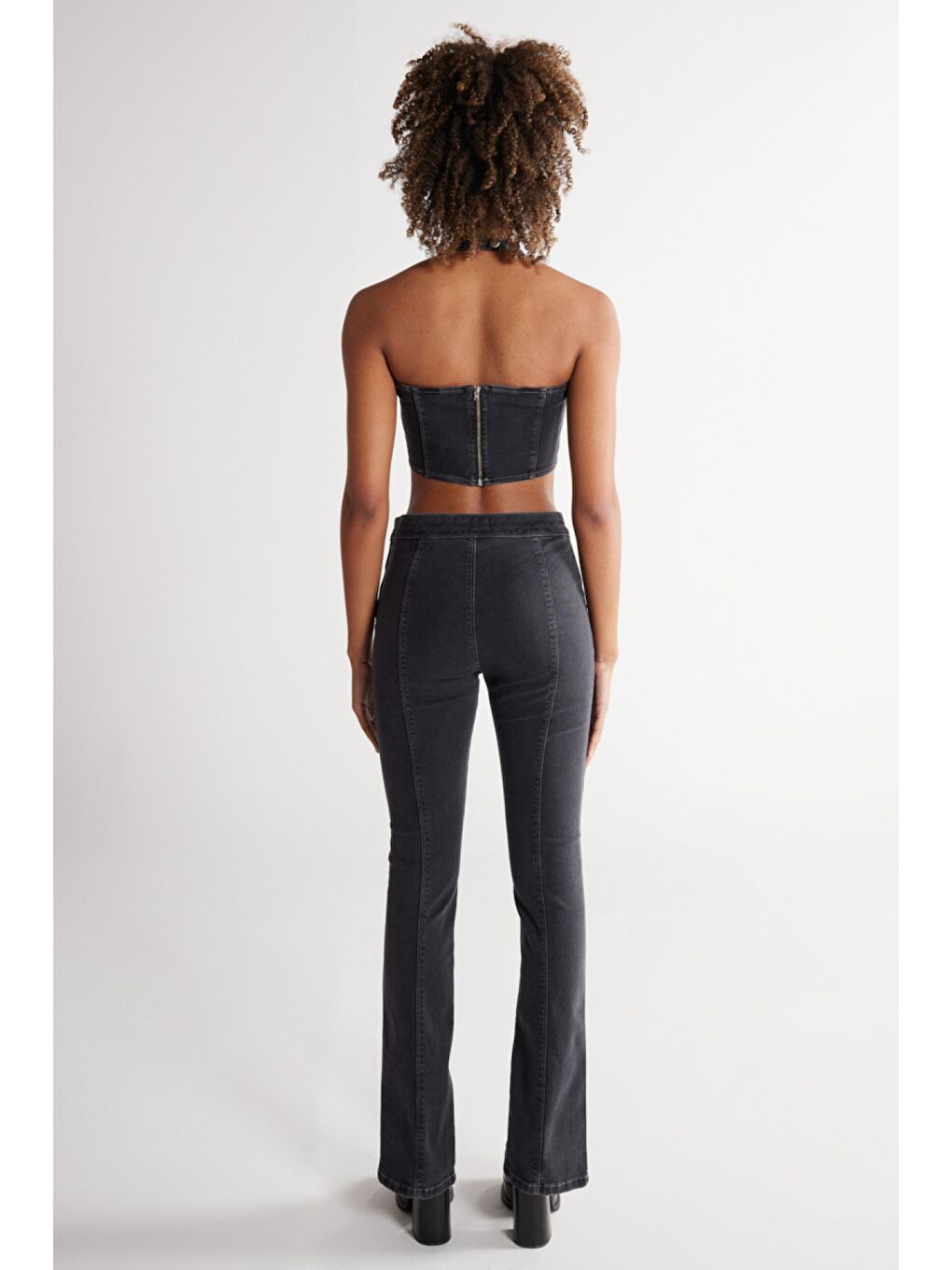 Wide Leg Fit Normal Bel Paça Yırtmaç Detaylı Siyah Esnek Jean Jean Pantolon-6