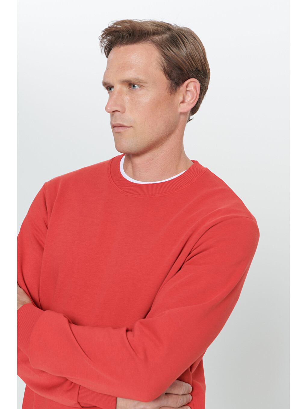 Erkek Kırmızı Standart Fit Normal Kesim Bisiklet Yaka Pamuklu Sweatshirt-4