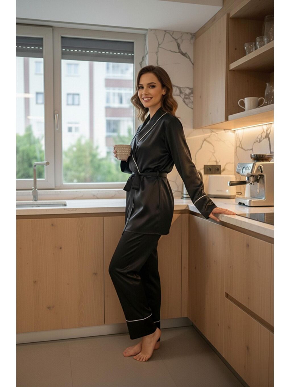 Siyah Soft Glow Şal Yaka Uzun Kol Saten Pijama Takımı