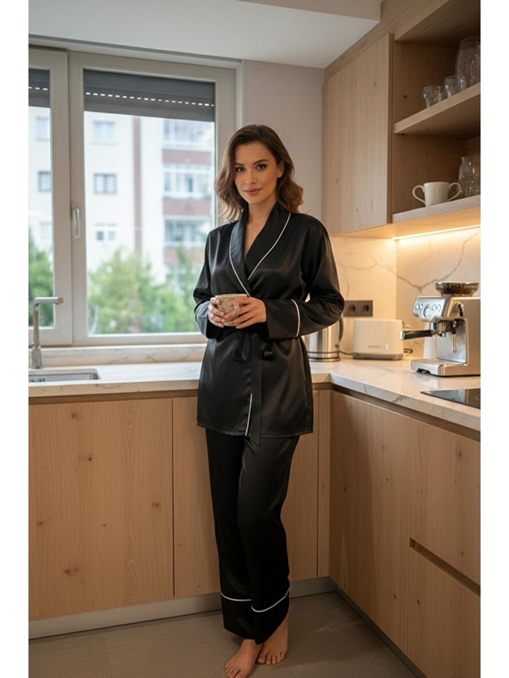 Siyah Soft Glow Şal Yaka Uzun Kol Saten Pijama Takımı-2