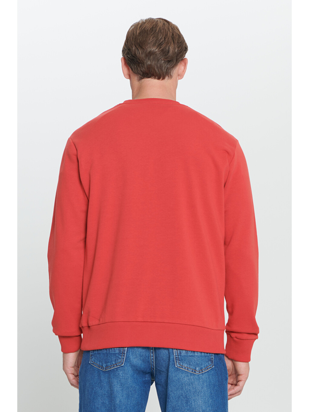 Erkek Kırmızı Standart Fit Normal Kesim Bisiklet Yaka Pamuklu Sweatshirt-5
