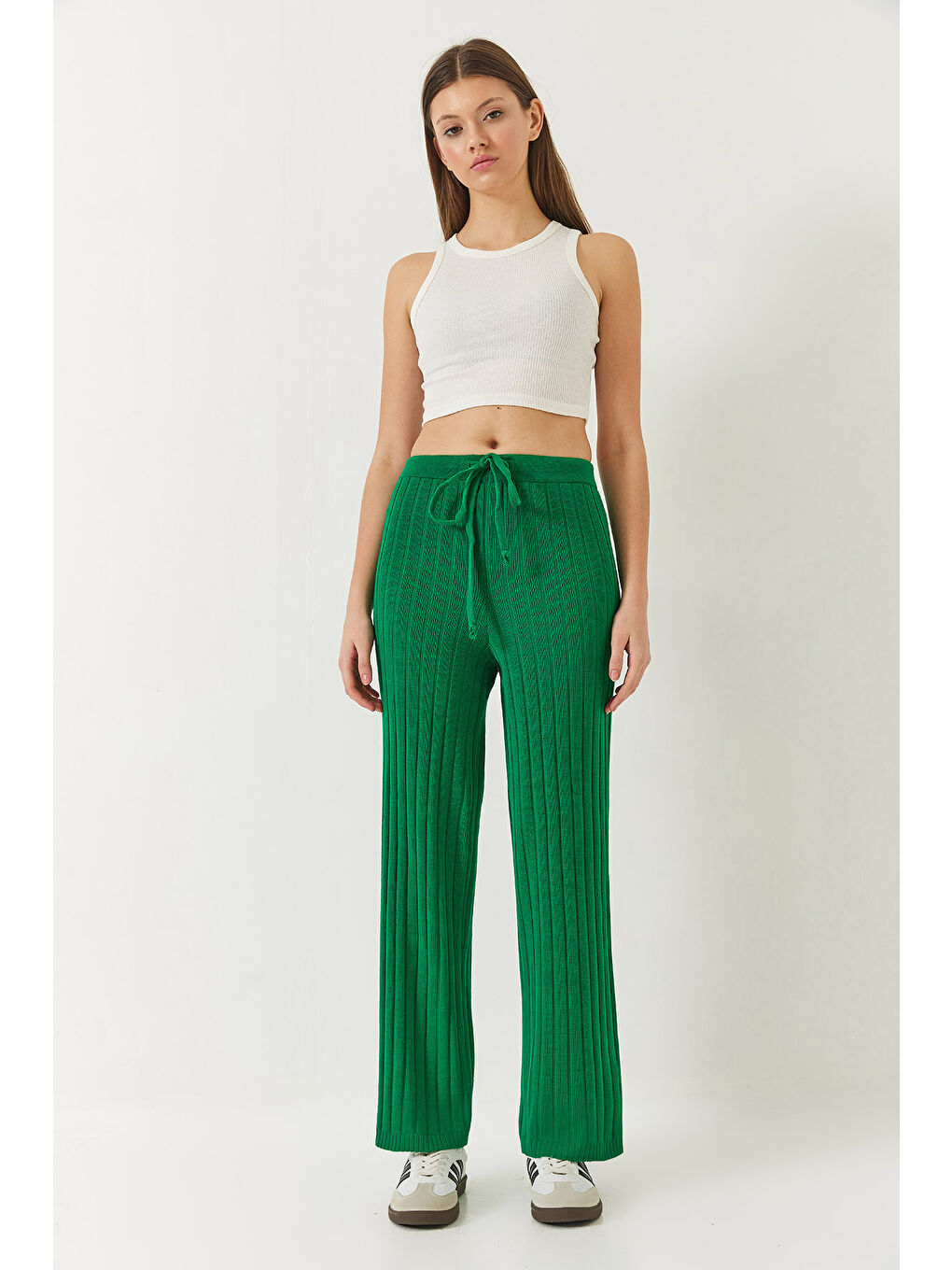 Yeşil Kadın Beli Lastikli Fitilli Palazzo Pantolon-1