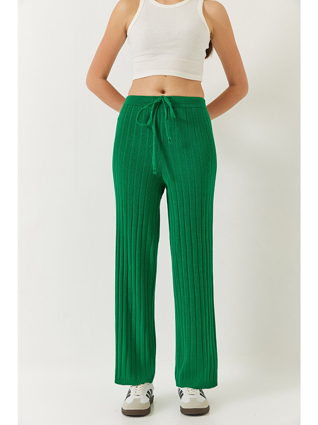 Yeşil Kadın Beli Lastikli Fitilli Palazzo Pantolon-2