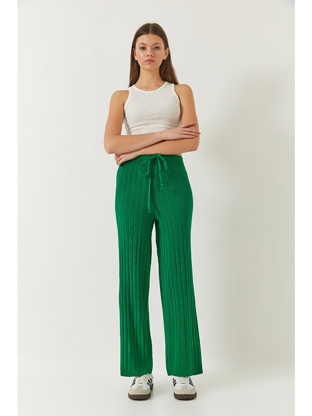 Yeşil Kadın Beli Lastikli Fitilli Palazzo Pantolon-3