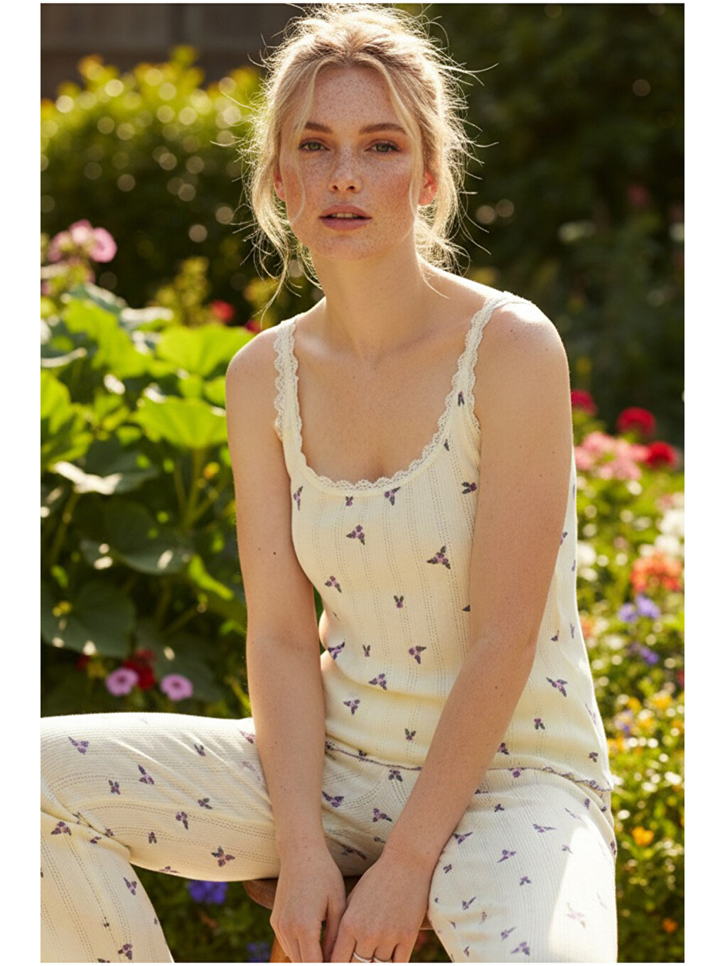 Sarı Çiçekli Pamuklu Pointel Ajurlu/delikli Askılı Örme Pijama Takım 26120640