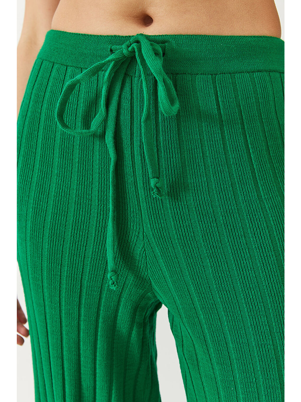 Yeşil Kadın Beli Lastikli Fitilli Palazzo Pantolon-4