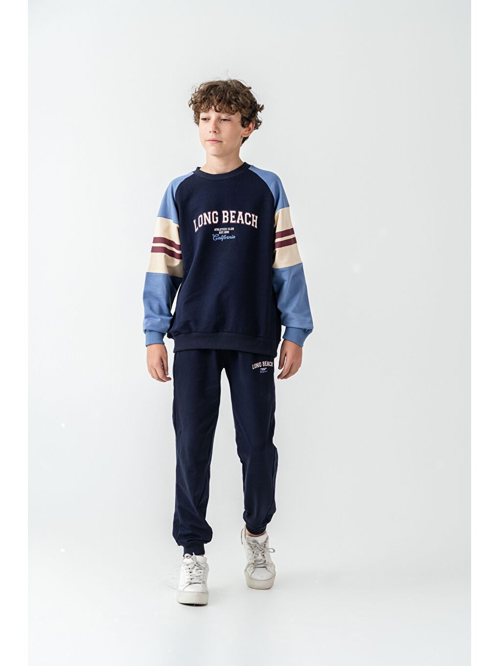Lacivert Long Beach Baskılı Üst Sweat Kollar Garnili  Erkek Çocuk Alt Üst Eşofman Takımı