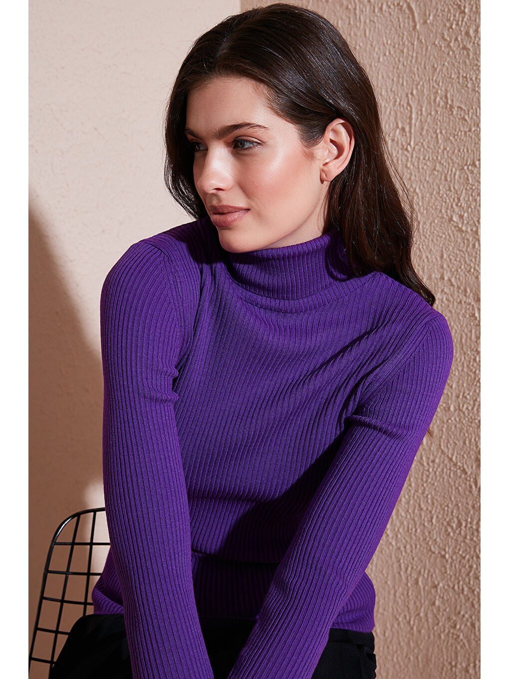 Mor Fitilli Regular Fit Balıkçı Yaka Soft Akrilik Kadın Kazak 4614102