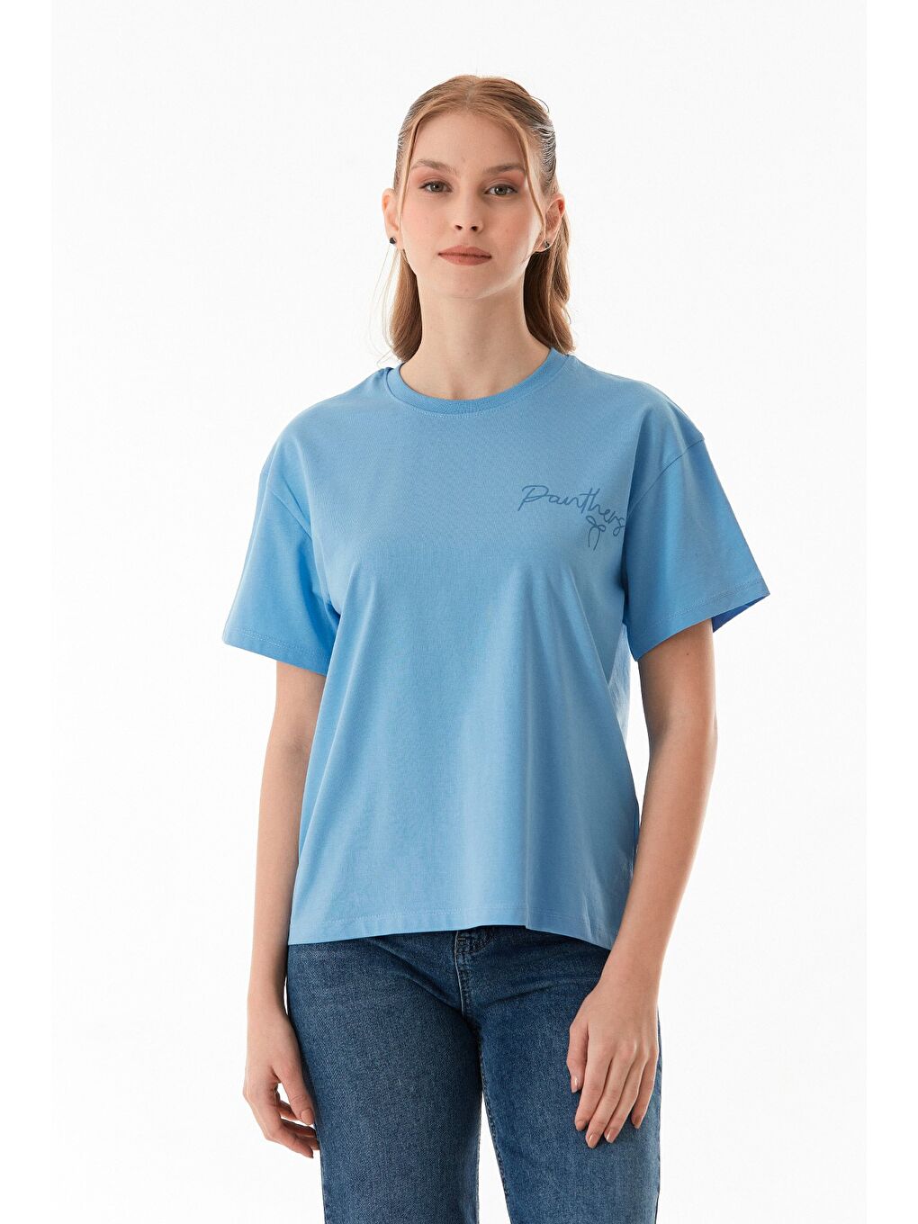 Mavi Önü Ve Arkası Baskılı Bisiklet Yaka Tişört