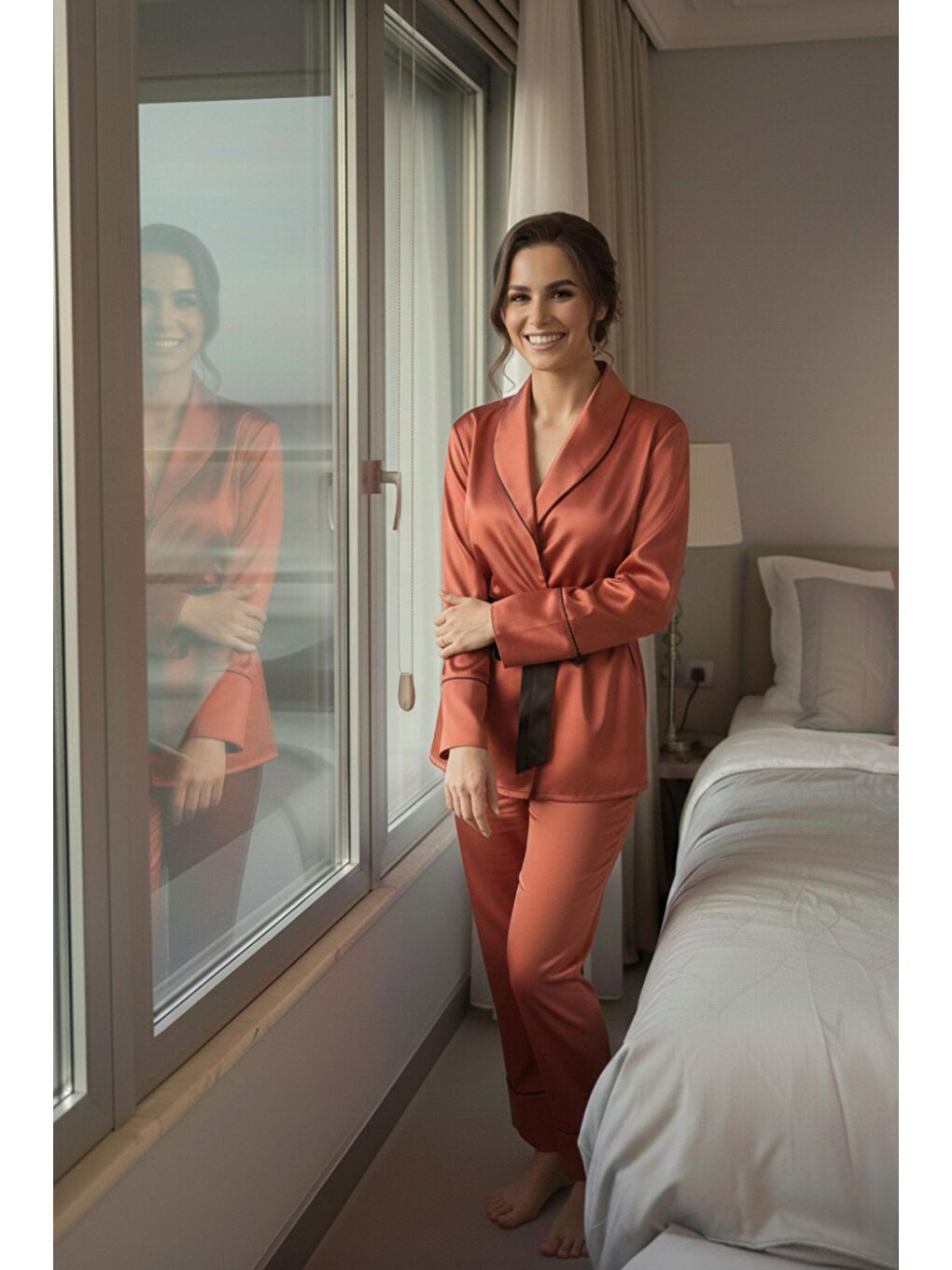 Kahverengi Kiremit Soft Glow Şal Yaka Uzun Kol Saten Pijama Takımı