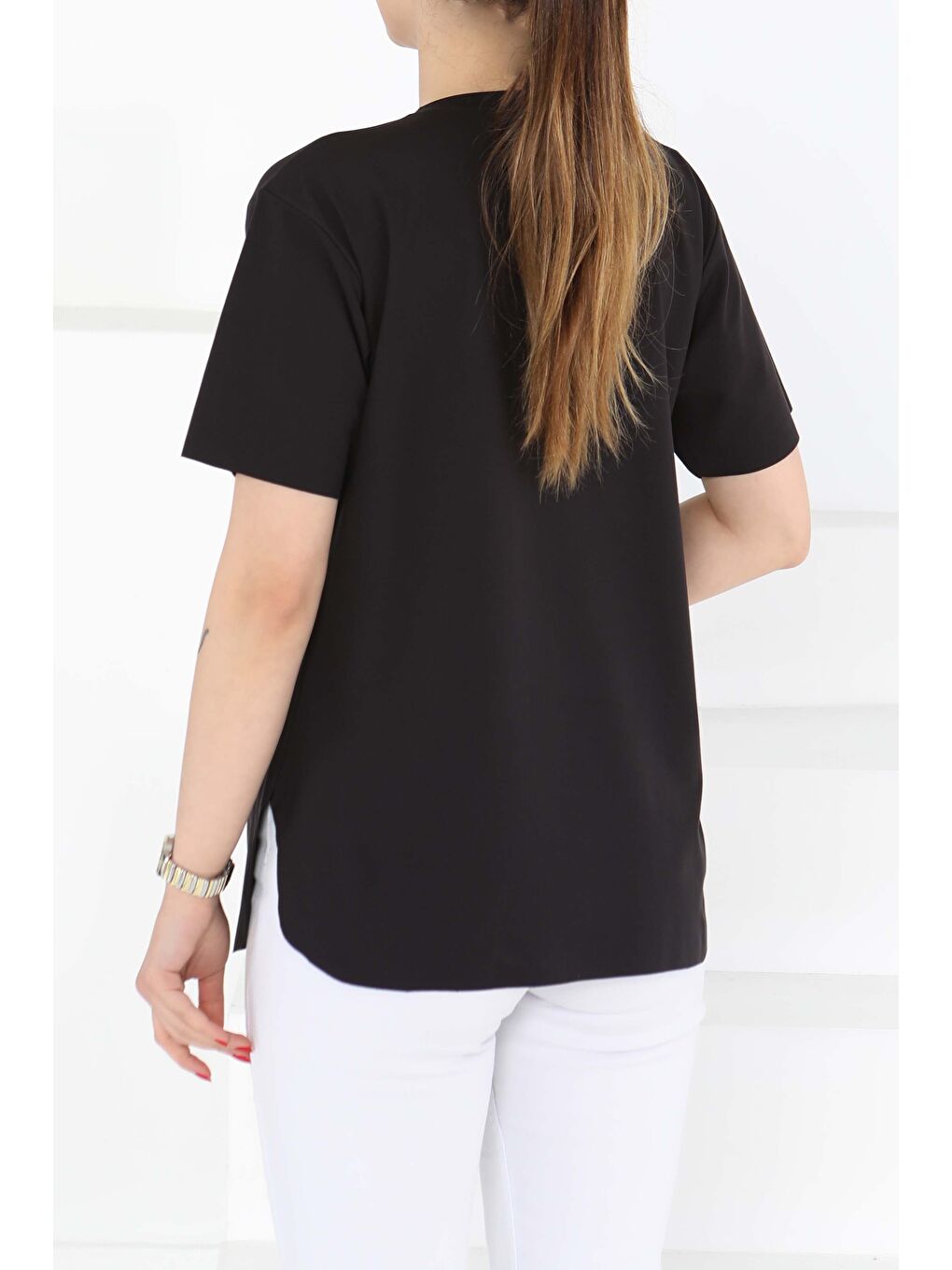 Yırtmalı Kısa Kollu T-Şhirt Siyah - 27117-3