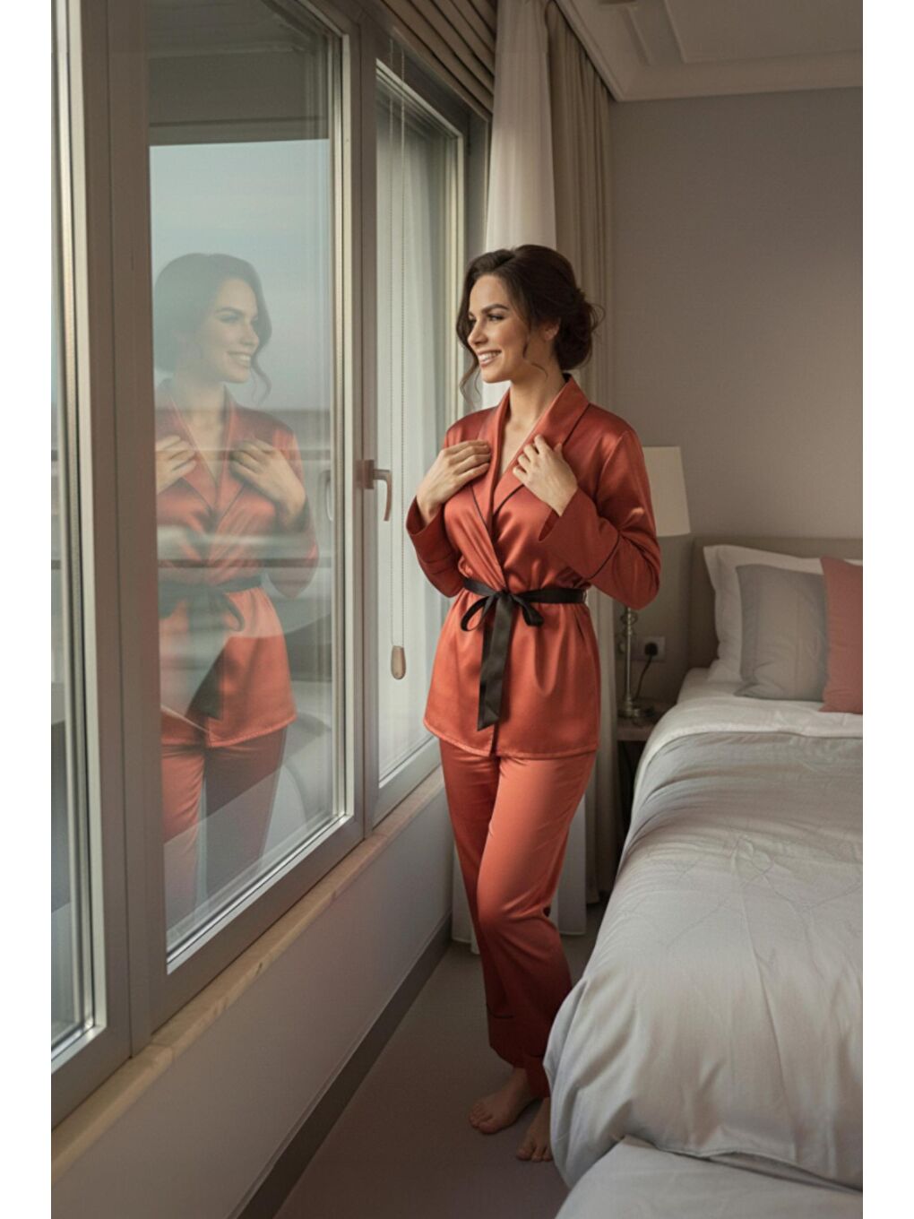 Kahverengi Kiremit Soft Glow Şal Yaka Uzun Kol Saten Pijama Takımı-3