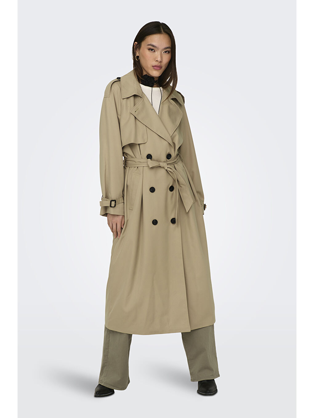 Bej Onlchloe Straight Fit Kruvaze Yaka Midi Boy Kemerli Kadın Trençkot 15242306-1