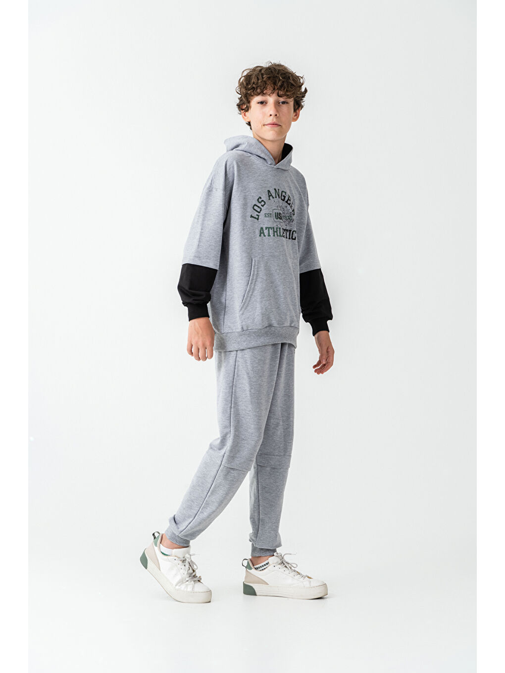 Gri Los Angels Athletic Baskılı Kapüşonlu Kanguru Cepli Erkek Çocuk Alt Üst Eşofman Takımı-2