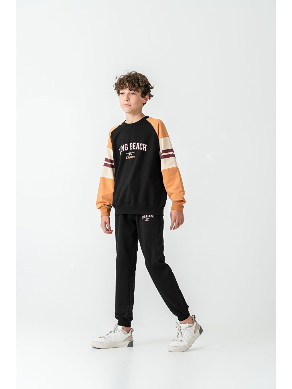 Siyah Long Beach Baskılı Üst Sweat Kollar Garnili  Erkek Çocuk Alt Üst Eşofman Takımı-1
