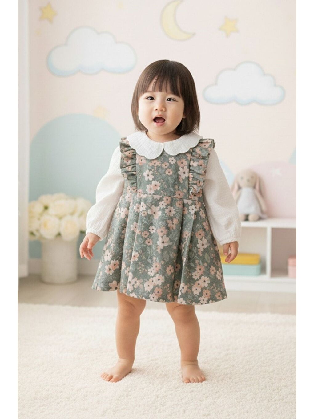 Yeşil Çiçek Desenli Jile Ve Bebe Yaka Bluz Takımı