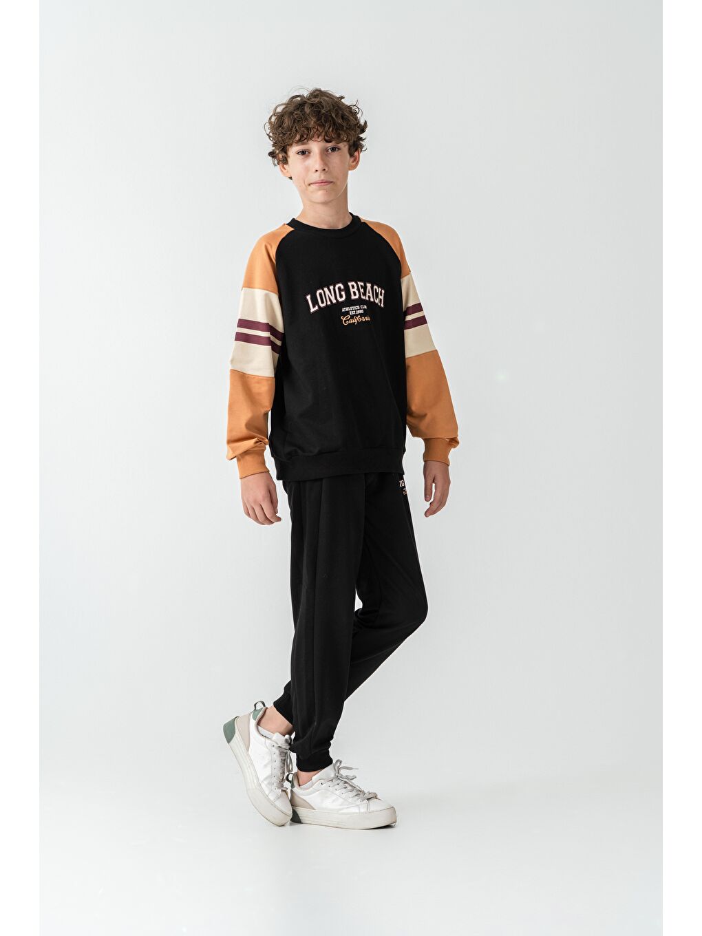 Siyah Long Beach Baskılı Üst Sweat Kollar Garnili  Erkek Çocuk Alt Üst Eşofman Takımı-2