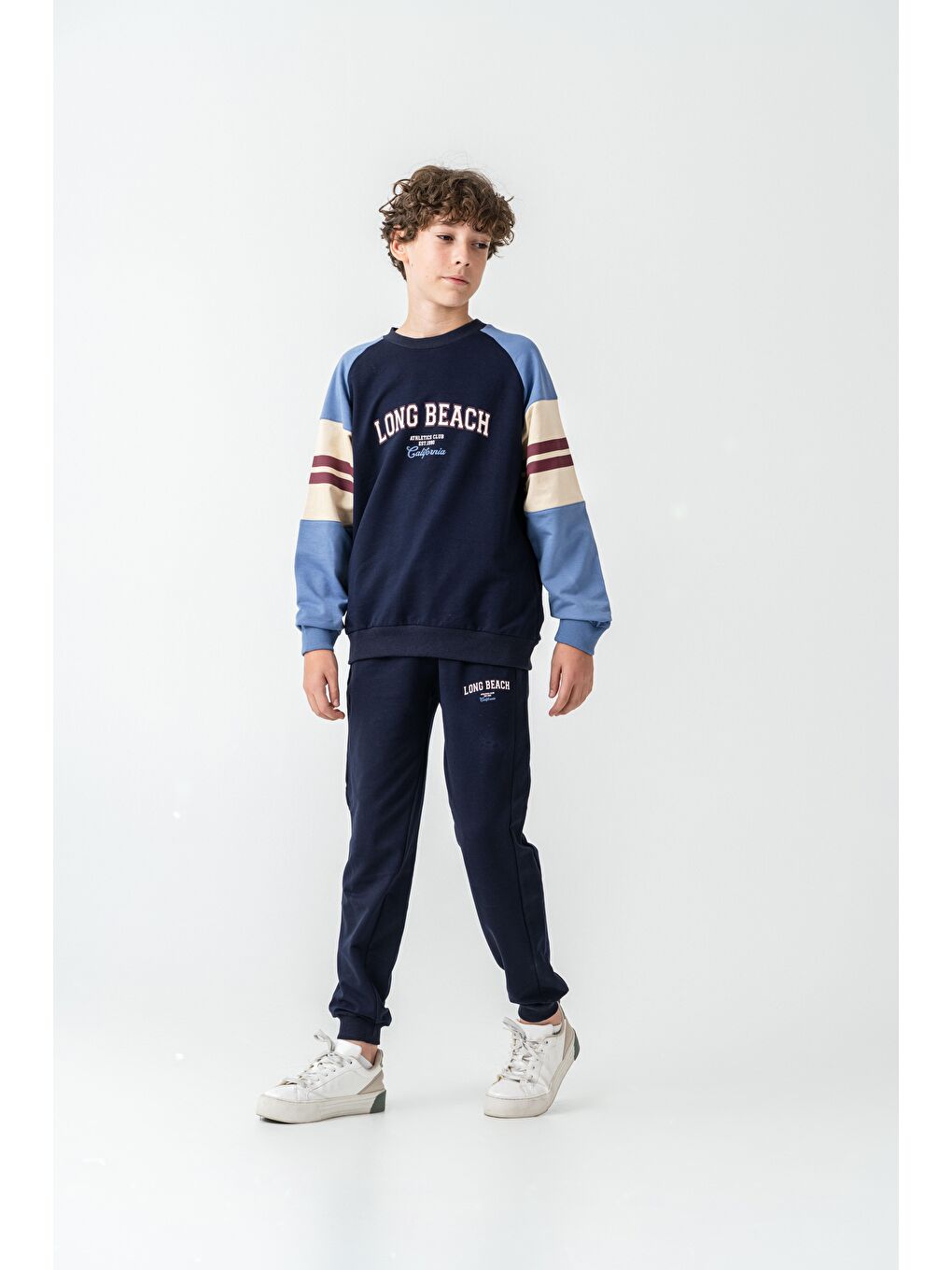 Lacivert Long Beach Baskılı Üst Sweat Kollar Garnili  Erkek Çocuk Alt Üst Eşofman Takımı-1