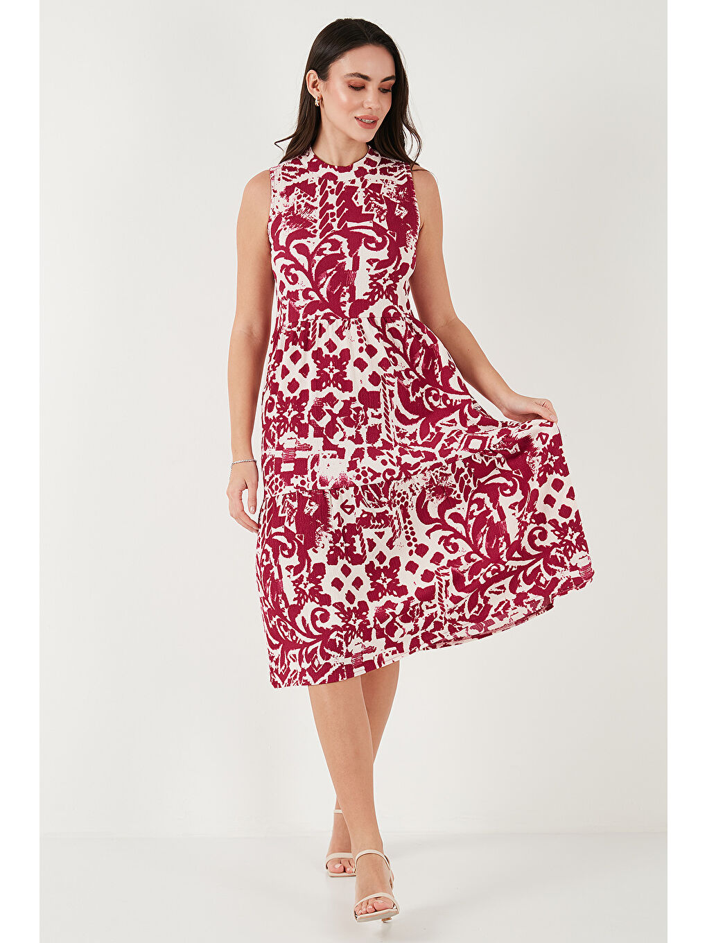 Mürdüm Desenli Regular Fit Kolsuz Kadın Elbise 5865731