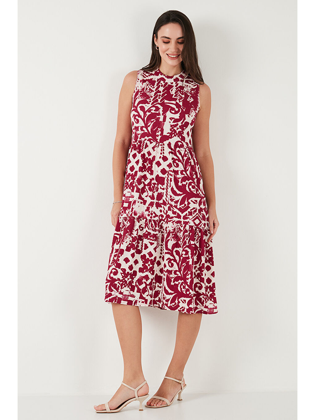 Mürdüm Desenli Regular Fit Kolsuz Kadın Elbise 5865731-2