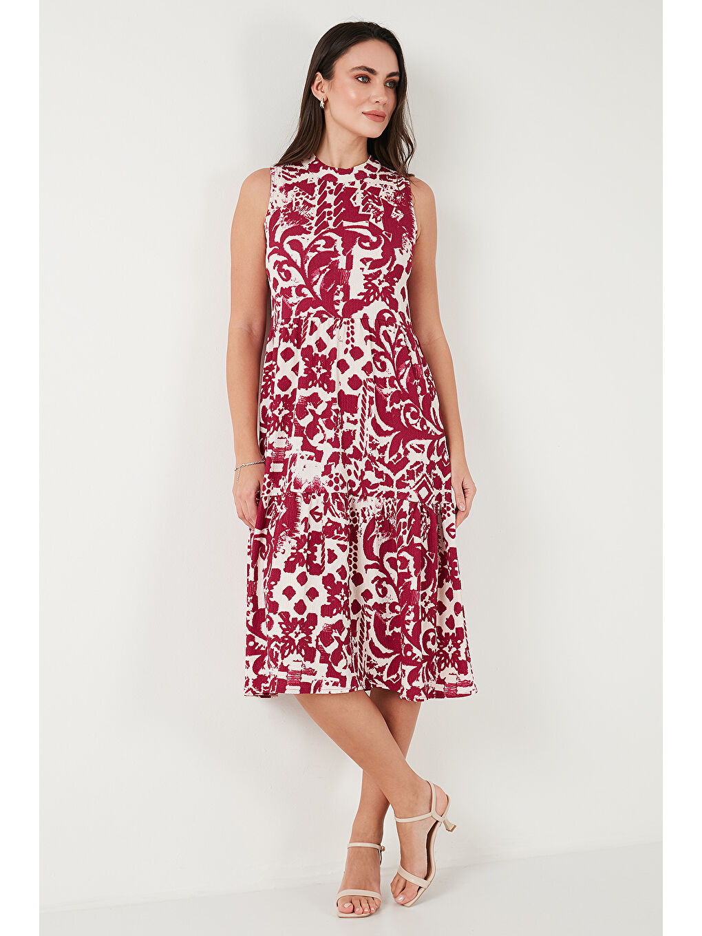 Mürdüm Desenli Regular Fit Kolsuz Kadın Elbise 5865731-3