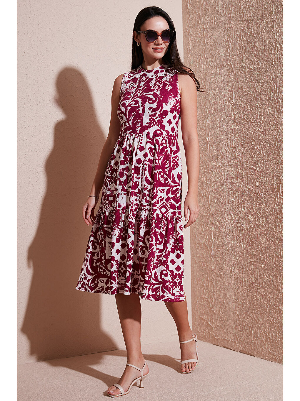 Mürdüm Desenli Regular Fit Kolsuz Kadın Elbise 5865731-5