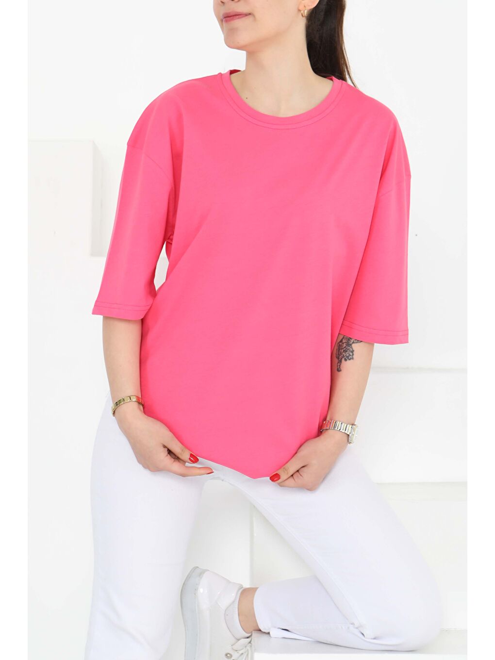 Fuşya Oversize Kısa Kollu T-Şhirt Fusya - 27118