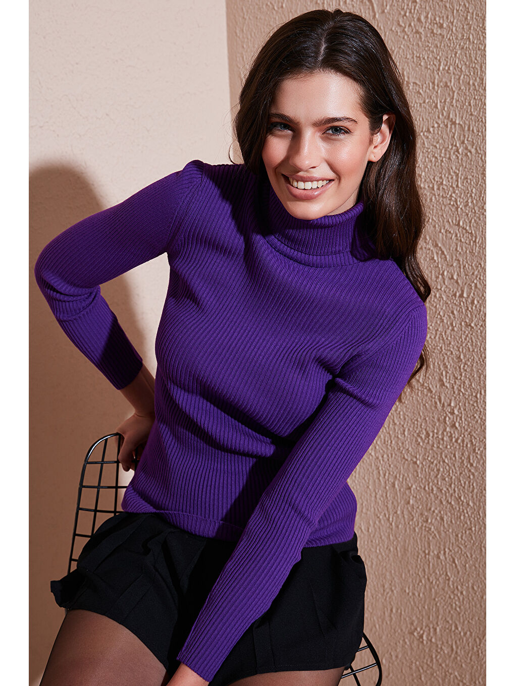 Mor Fitilli Regular Fit Balıkçı Yaka Soft Akrilik Kadın Kazak 4614102-1