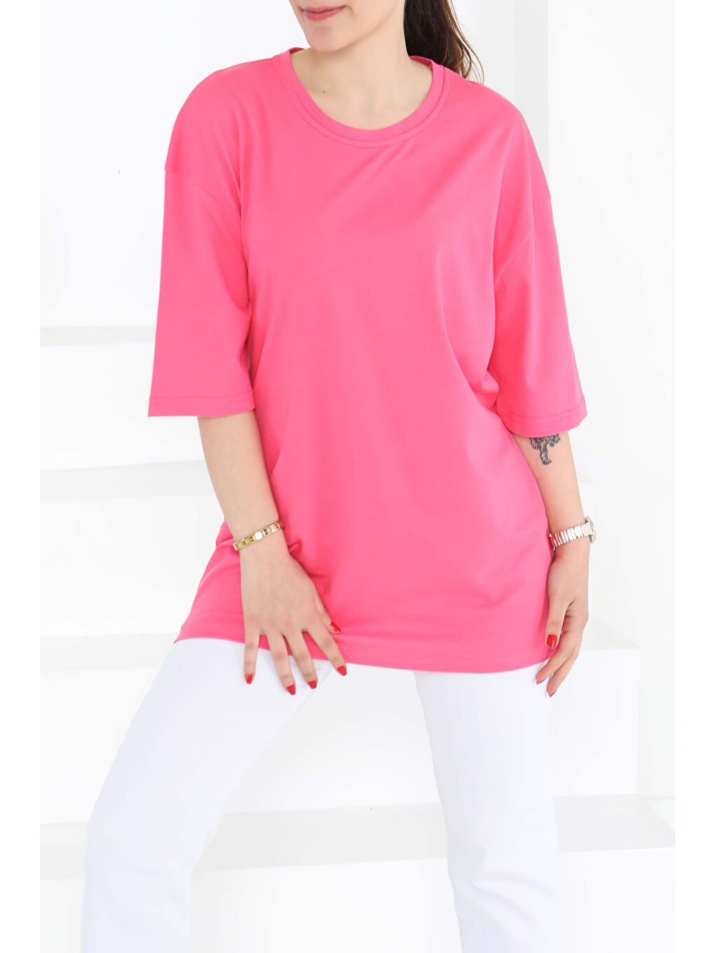 Fuşya Oversize Kısa Kollu T-Şhirt Fusya - 27118-1