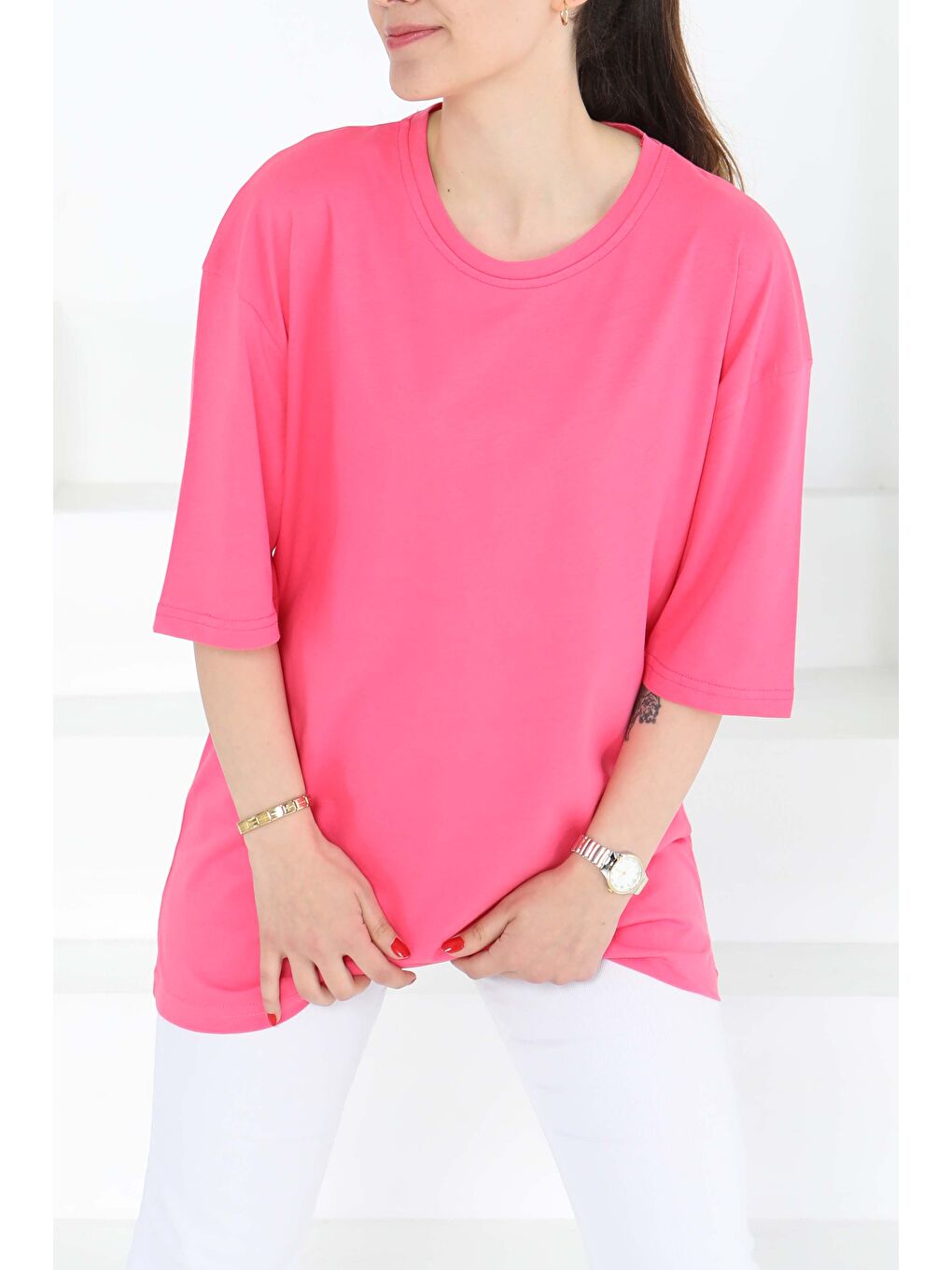 Fuşya Oversize Kısa Kollu T-Şhirt Fusya - 27118-2