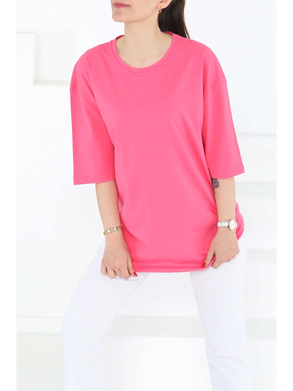 Fuşya Oversize Kısa Kollu T-Şhirt Fusya - 27118-3